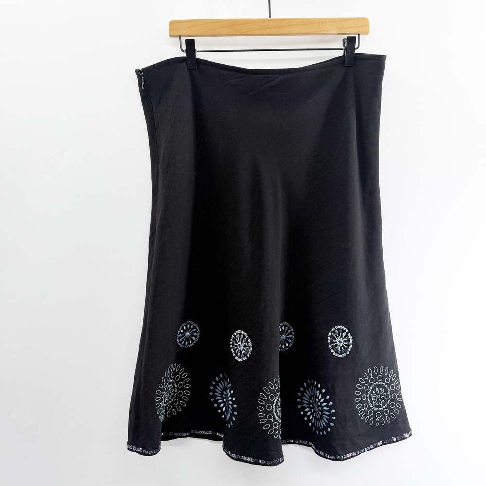 Vintage‎ Y2K Boho Artsy Linen Embroidered Skirt in Black Blue Size 12